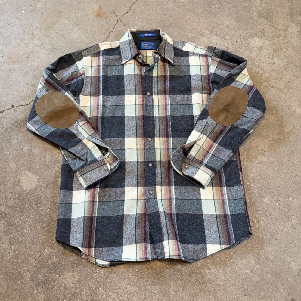Vintage Pendleton Wool Flannel Shirt Mens M Gray Plaid Elbow Patch Made In USA